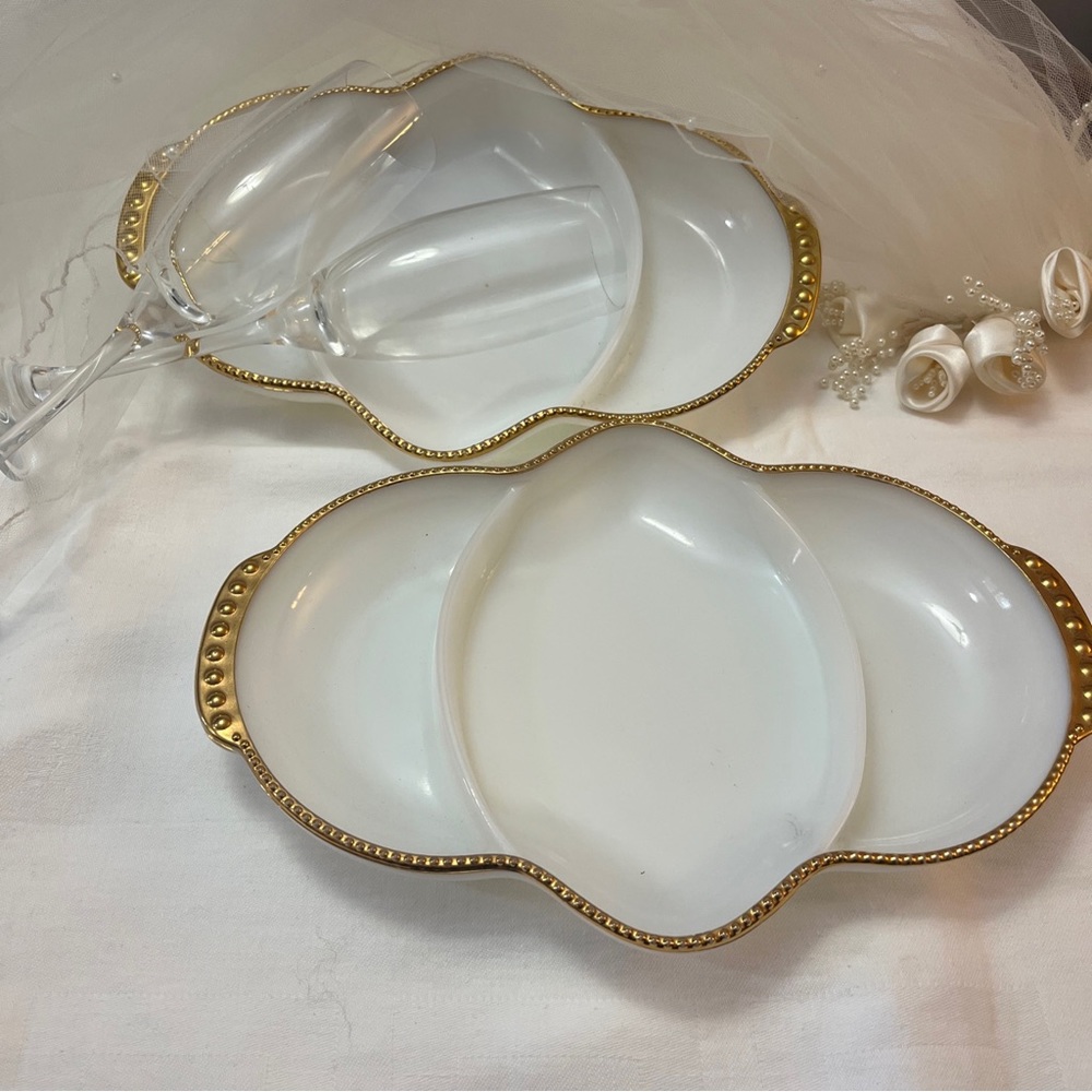 Vintage Fire King Milk Glass Set of Two Serving Plates Gold Beaded Rim USA